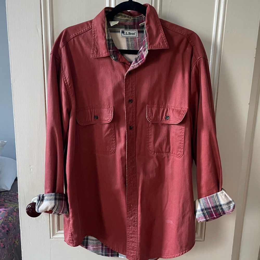 Ll Bean Red Button Up, Flannel-Lined - image 1